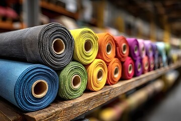 Many colorful bolts of fabric are neatly arranged on shelves, creating a vibrant display in a textile shop, showcasing a wide variety of colors and textures for sewing and crafting projects