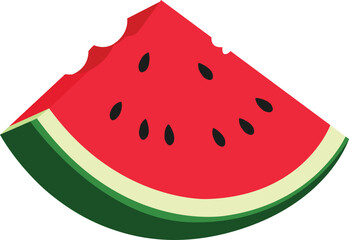 Bitten red watermelon slice with green rind and black seeds vector isolated on a transparent background. Hand drawn trendy flat style.