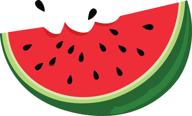 Bitten red watermelon slice with green rind and black seeds vector isolated on a transparent background. Hand drawn trendy flat style.