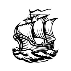 Stylized black and white illustration of a vintage sailing ship on rough seas