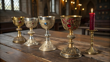 Four ornate antique goblets stand regally on a weathered oak table in a candlelit medieval hall