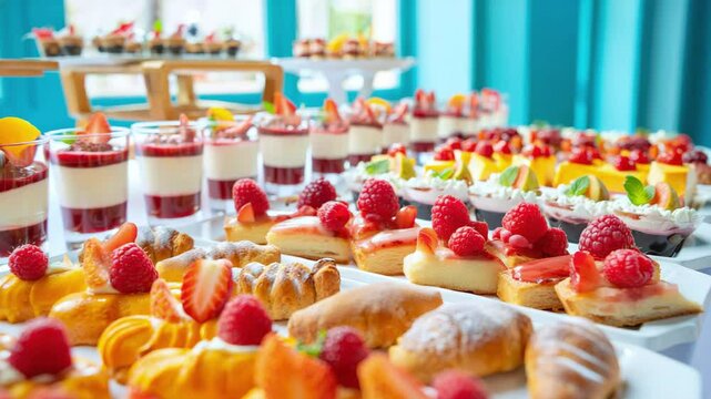 Assorted colorful desserts including fruit tarts, parfaits, and pastries displayed on catering buffet table, event catering, party food presentation, gourmet sweets selection, festive celebration