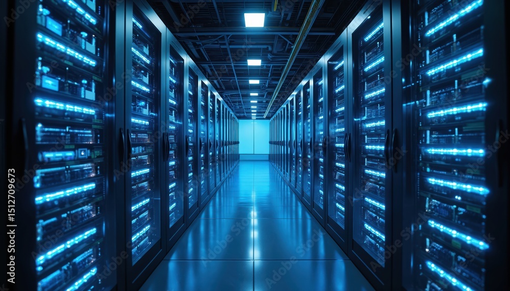 Poster data center server racks with glowing blue lights. modern technology, data processing, storage, and 