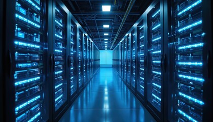 Fototapeta premium Data center server racks with glowing blue lights. Modern technology, data processing, storage, and network infrastructure. High-tech equipment, IT, and cloud computing. Cybersecurity concept.