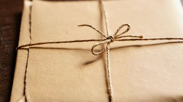 Brown paper parcel tied with rustic twine on wooden table, vintage gift wrapping, eco-friendly package, handmade delivery, kraft paper envelope, minimalist postal packaging