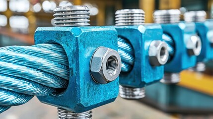 Thick cable secured with blue clamps and bolts in a row