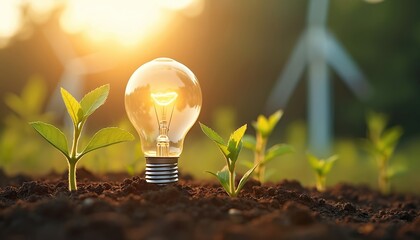 Conceptual photo energy price increase. Bulb shines above sprouts in soil. Wind turbines in background represent renewable resources. Sustainable alternatives combat challenges. Eco innovation future.