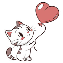 Adorable Valentine Kitten with Heart Balloon, Clear Line Art. Perfect for: Valentine&rsquo;s Day, Pet-Themed Gifts, Romantic Occasions