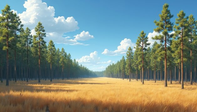 Scenic illustration of Florida pine flatwoods on clear day. Lush green pine trees frame golden field, blue sky with fluffy white clouds. Beautiful countryside landscape.