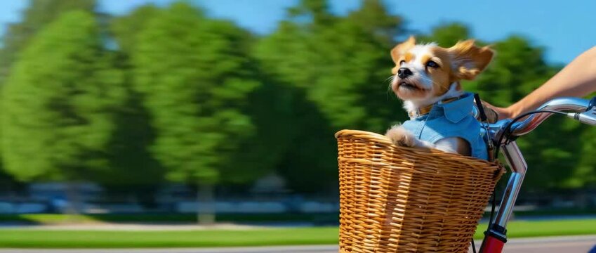 Small dog in wicker basket on bicycle during ride through park on sunny day, pet travel, outdoor activity, summer lifestyle, freedom, companionship, joy, movement, adventure, nature