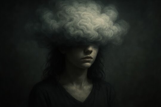 Mental Maze Young Woman with Her Head Obscured by a Swirling Cloud Representing Depression Anxiety Brain Fog and Memory Loss AI Concept