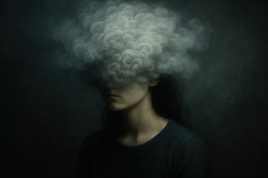 Mental Maze Young Woman with Her Head Obscured by a Swirling Cloud Representing Depression Anxiety Brain Fog and Memory Loss AI Concept