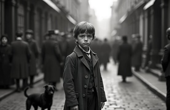 Fototapeta Black and white portrait of young boy with black dog on Victorian era street. Historical scene depicts urban environment with walking people. AI generated art in retro vintage style.