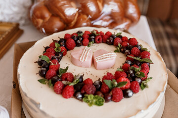 Romantic Raspberry Heart Cake with Croissant, Close-Up, Wedding Celebration, Peach Tones, Sweet Treats, Dessert, Bakery, Floral Decoration