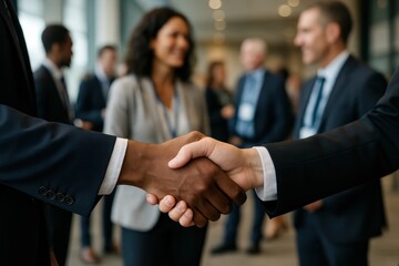 Strategic Connection Close Up of a Firm Professional Handshake Between Two Business People at a Crowded Networking Event Sealing a Deal