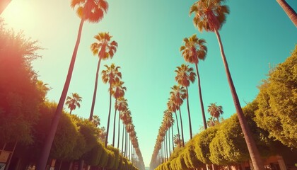 Rodeo Drive, Beverly Hills, LA palm trees. Retro sunny day vintage style. Classic California urban landscape. Tourists destination, travel, tourism, vacation, summer.