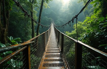 Suspension bridge in lush Costa Rican rainforest. Journey through jungle over path, misty clouds, green canopy. Adventure, hiking, tourism, travel concept. Tropical landscape, nature, eco tourism.