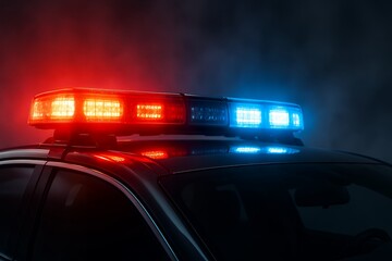 Flashing red and blue police lights on top of patrol car