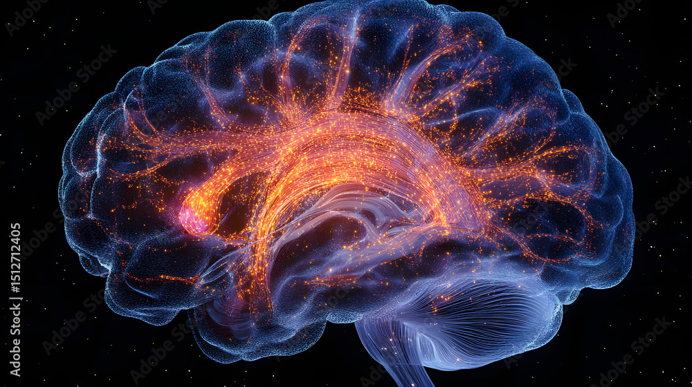 Poster a digital rendering of a human brain with highlighted neural pathways and electric activity, visuali
