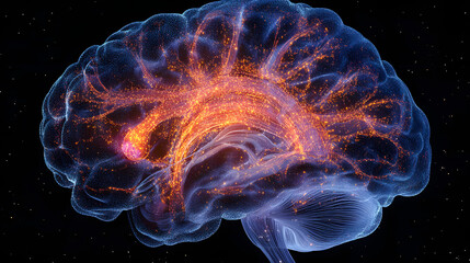 A digital rendering of a human brain with highlighted neural pathways and electric activity, visualizing brain function.
