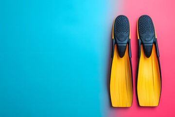 Swimming flippers on color background, top view. Space for text.
