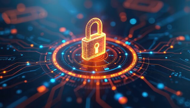 Digital padlock security concept. Modern cyber security technology, data protection, online internet authorized access against cyber attack. Block chain digital privacy, encryption, information