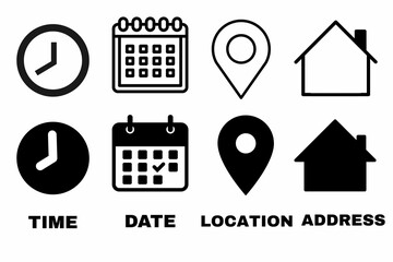 Clock, calendar, location. Time, date and address icon set. travel icons set