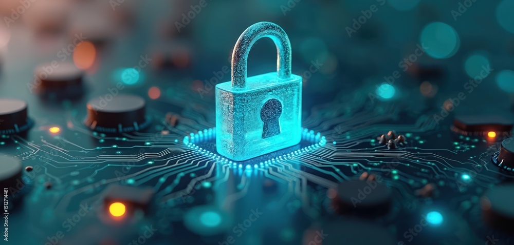 Poster glowing padlock on a circuit board illustrates data security digital privacy. security lock on a mot