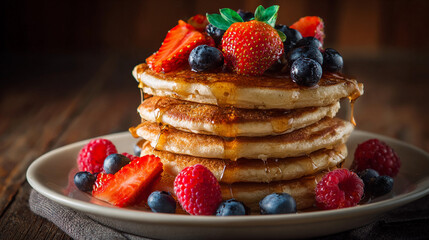 Delicious pancakes topped with fresh berries and syrup on a plate