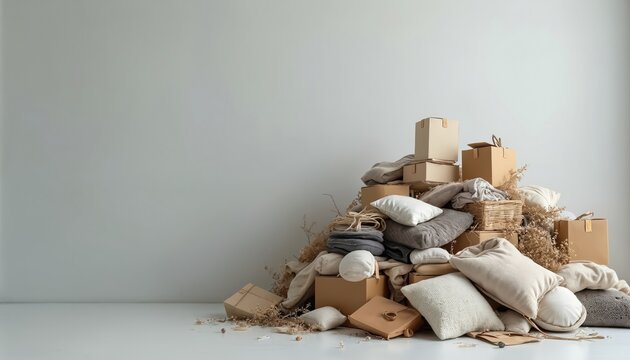 Clutter pile ready for donation or disposal. Cardboard boxes, home textiles, pillows, clothes. Spring cleaning, decluttering, household goods, cleanup, charity. Advertising space.