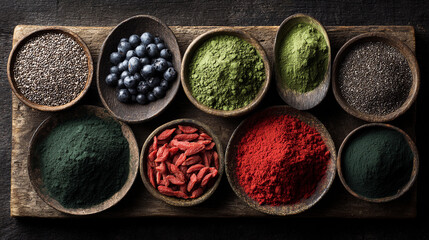 Colorful array of natural powders and berries displayed on wood