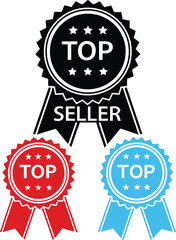 Top Seller Award Badges in Black Red and Blue on White Background