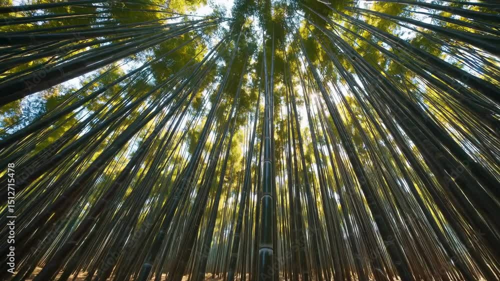 Poster a low-angle video shot captures towering bamboo trees, emphasizing their height and creating a seren