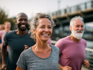 A diverse group of mature people doing sports together outdoors. People enjoying active and healthy lifestyle. Fitness and beautiful aging concept.