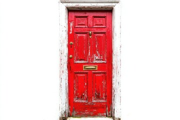 Weathered red door in white frame, centered