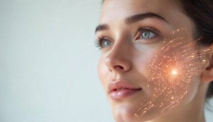 Beautiful woman face close-up. Facial recognition skin analysis tech concept with glowing energy waves. Biometric identity verification for anti-aging face treatment in beauty salon. Digital