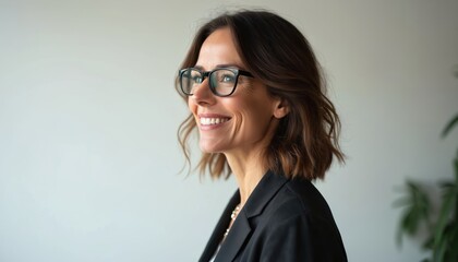 Middle-aged beautiful businesswoman wearing glasses smiles. Natural face pose shows confident expression. Pro female looks to side. Happy, cheerful, smiling lady with glasses. Modern portrait.