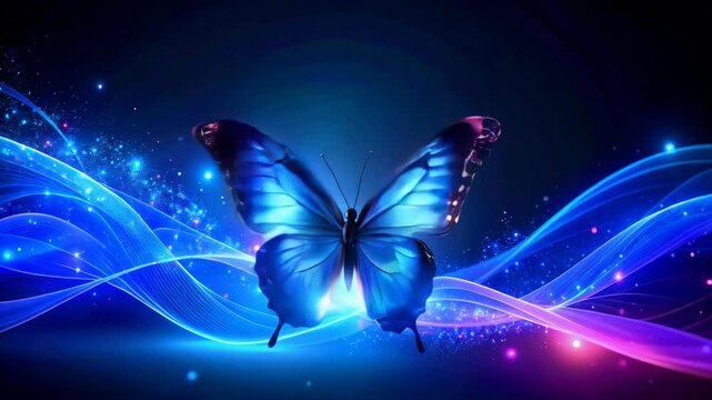 Elegant blue butterfly with glowing wings surrounded by sparkling, ethereal blue and purple waves. Creative design for wallpaper or background.