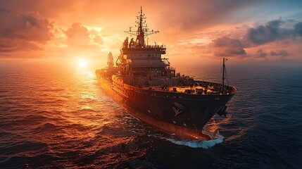 Obraz premium A large cargo ship traversing the open sea during a vibrant sunset with the vessel s powerful silhouette reflected in the calm waters