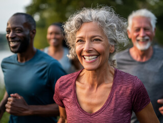 A diverse group of mature people doing sports together outdoors. People enjoying active and healthy lifestyle. Fitness and beautiful aging concept.