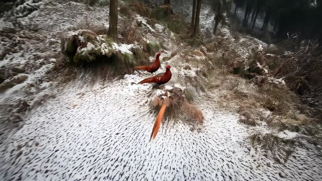 Two Reeves's pheasants standing on snowy hillside among trees in winter weather scene with dense foliage.