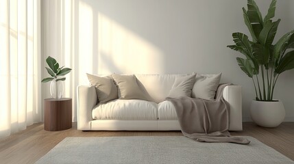 Modern living room, white sofa with pillows, blanket, plant, wood floor and rug