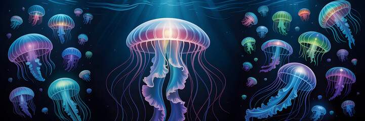 Fototapeta premium Glowing Jellyfish Underwater in Bioluminescent Blue and Turquoise Ocean Scene