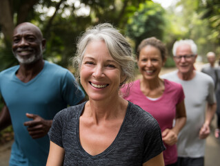 A diverse group of mature people doing sports together outdoors. People enjoying active and healthy lifestyle. Fitness and beautiful aging concept.