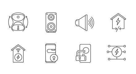 Smart Home Icon Set: A minimalistic and illustrative icon set showcases various elements of a smart home system. The image portrays the essential components and functions of modern home automation.