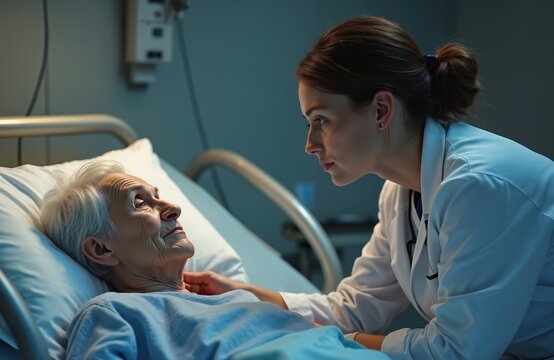 Nurse cares for elderly woman lying in bed at hospice. Young caregiver supports senior patient. Medical pro provides care. Healthcare worker consoling sick senior at hospital. Senior patient in - Powered by Adobe