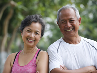 Happy middle aged couple doing sports together. Mature couple doing exercise outdoors. Fitness and healthy lifestyle concept.