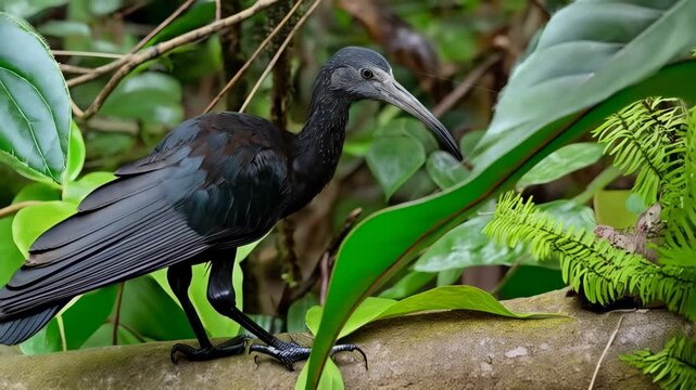 Captivating close-up of a striking black ibis perched among vibrant green foliage in a lush tropical environment, showcasing its curved bill and elegant feathers.