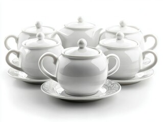 White teapots & sugar bowls on saucers, studio lit