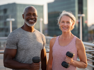 Happy middle aged couple doing sports together. Mature couple doing exercise outdoors. Fitness and healthy lifestyle concept.